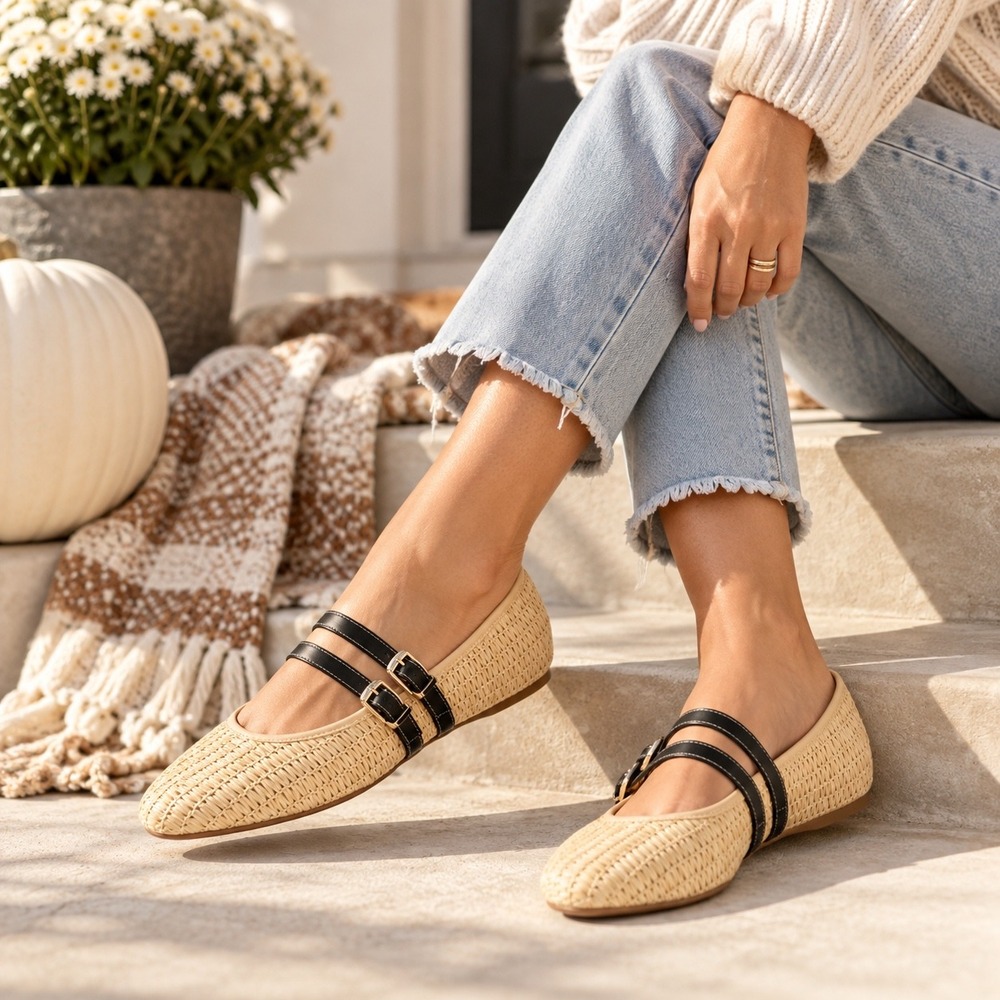 Universal Thread Henrietta Raffia Mary Jane Flats Beige Black Straps 6.5